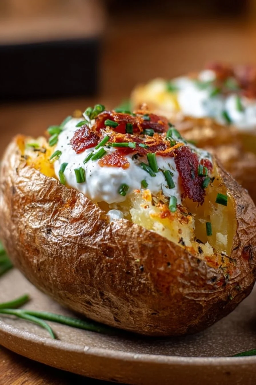 Air fryer baked potato garnished with sour cream and chives on a plate