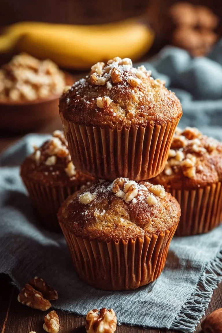 Freshly baked delicious banana nut muffins on a wooden table