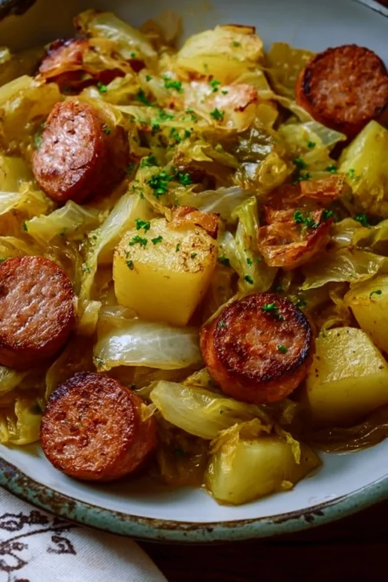 Delicious cabbage and sausage dish with potatoes served on a plate