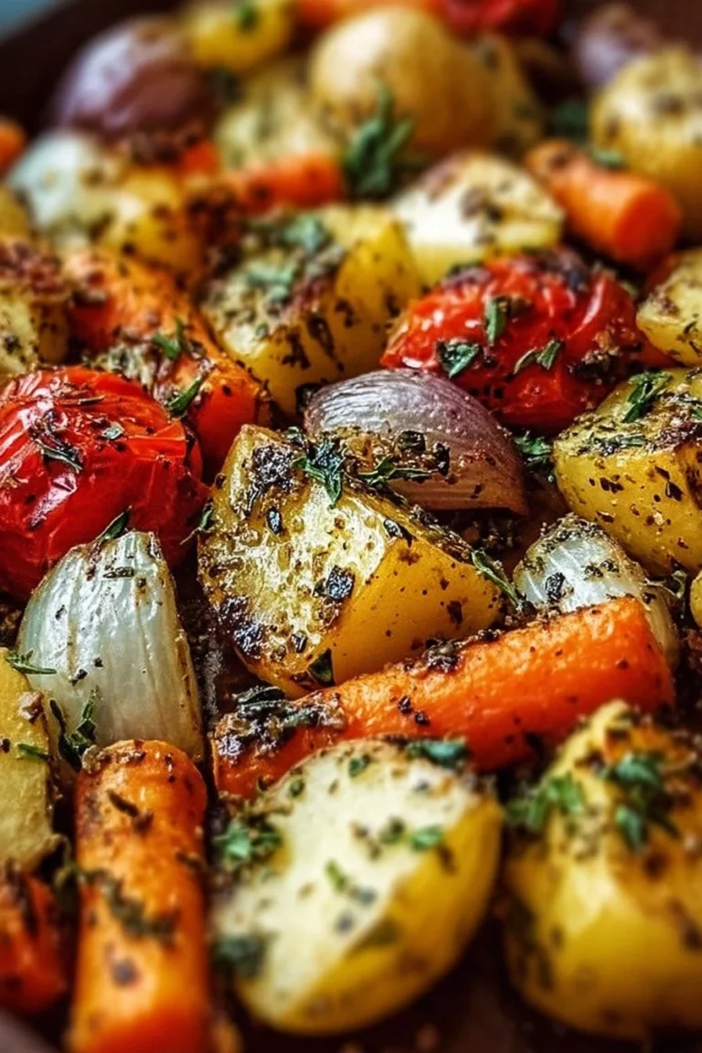 Colorful garlic herb roasted veggies on a baking tray seasoned to perfection
