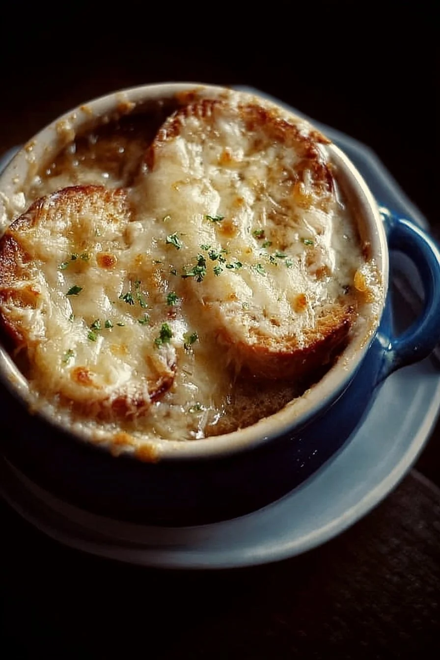A bowl of delicious homemade French onion soup topped with melted cheese and herbs