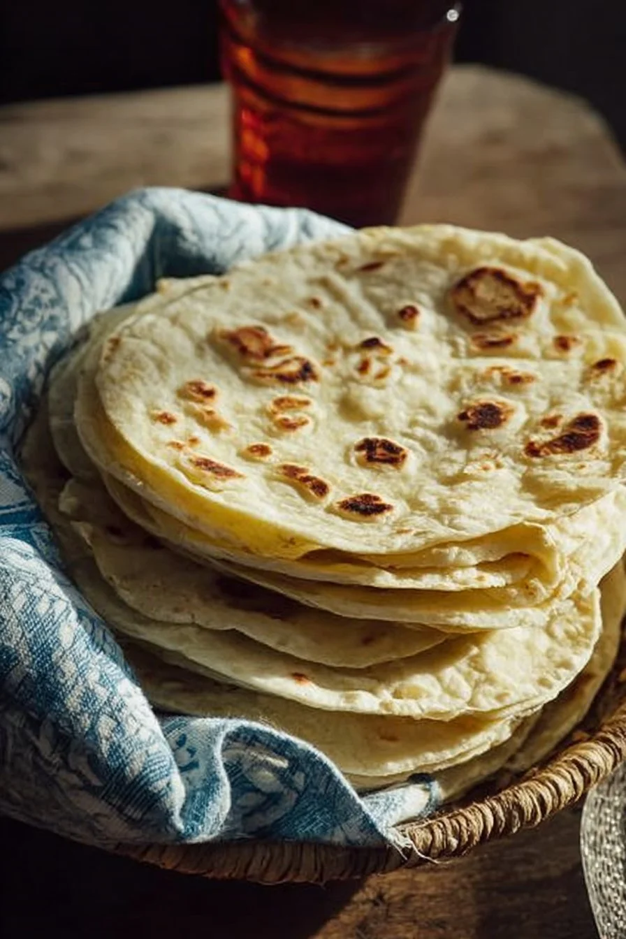 Homemade sourdough tortillas stacked on a wooden table
