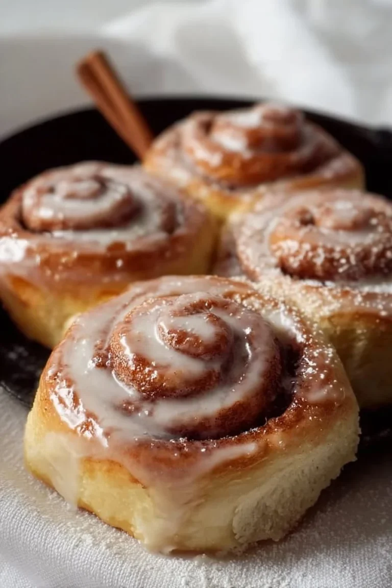 Freshly baked sourdough cinnamon rolls topped with cinnamon icing