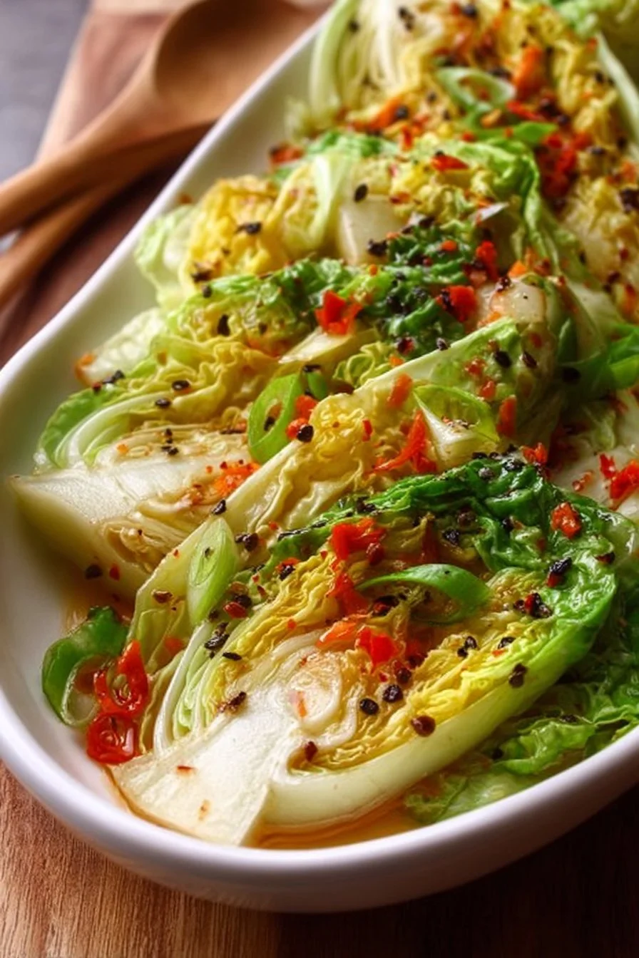 Bowl of crunchy Asian cabbage salad with fresh vegetables and dressing