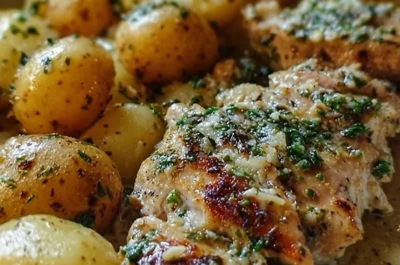 Easy garlic parmesan chicken and potatoes prepared in a crockpot