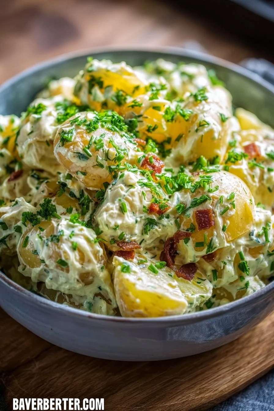 Delicious Easy German Potato Salad in a bowl, garnished with herbs.