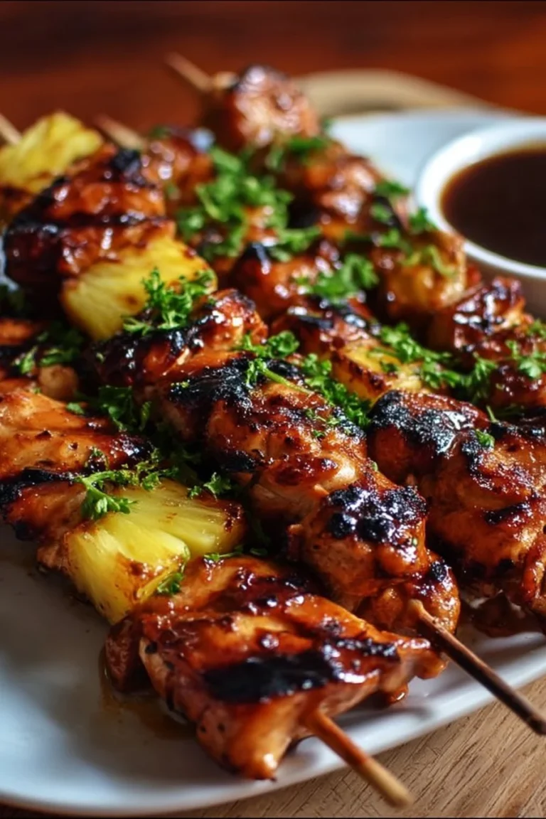 Grilled pineapple BBQ chicken skewers on a plate, garnished and ready to serve.
