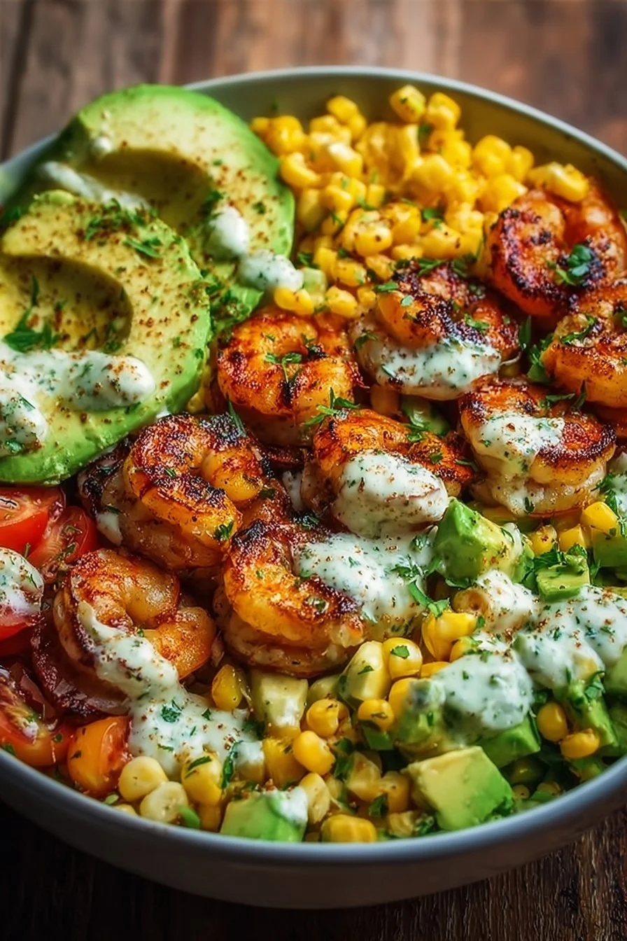 Delicious easy grilled shrimp bowl with avocado, corn salsa, and creamy garlic sauce
