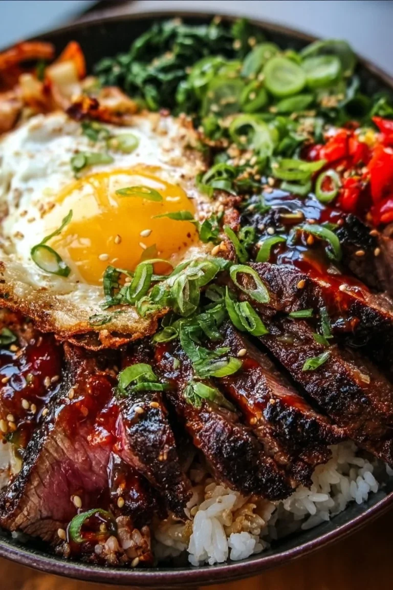 Delicious Korean BBQ steak rice bowls garnished with vegetables and sesame seeds