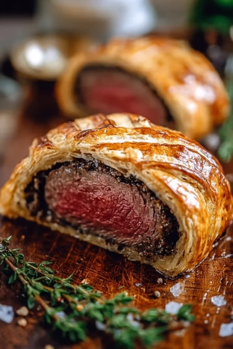 Delicious Easy Mini Beef Wellington served on a plate with herbs