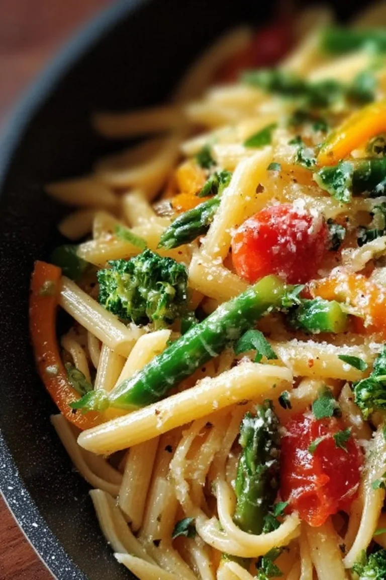 Bowl of Easy One-Pot Pasta Primavera with fresh vegetables and herbs