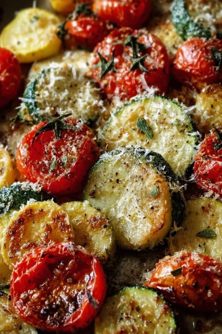 Easy oven-roasted zucchini, squash, and tomatoes topped with Parmesan cheese.