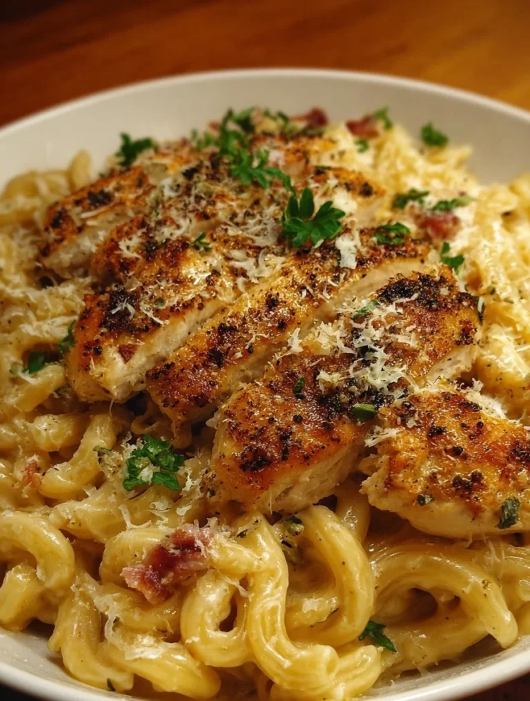 Plate of Easy Parmesan Chicken Pasta garnished with herbs and cheese