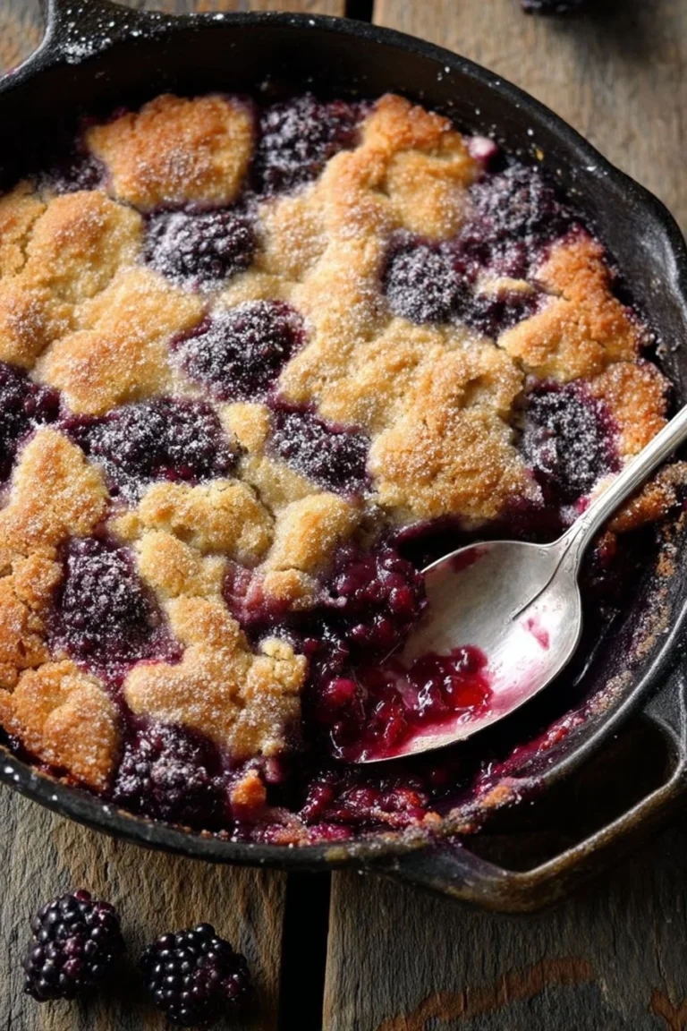 Delicious easy skillet blackberry cobbler served in a cast iron pan.