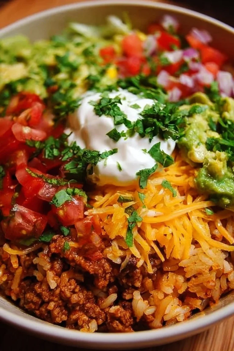 Easy taco rice bowl topped with fresh ingredients and served in a colorful dish