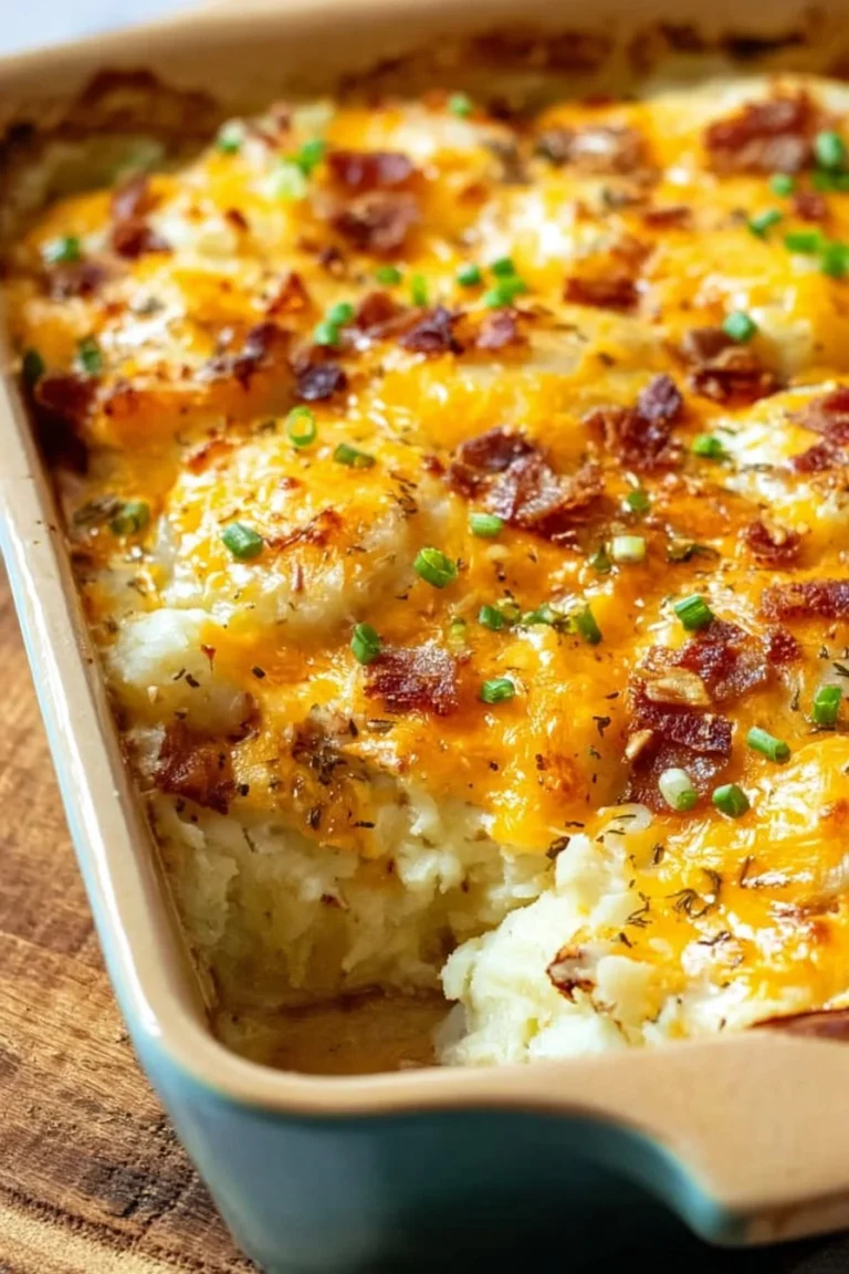 Easy twice baked potato casserole topped with cheese and chives.