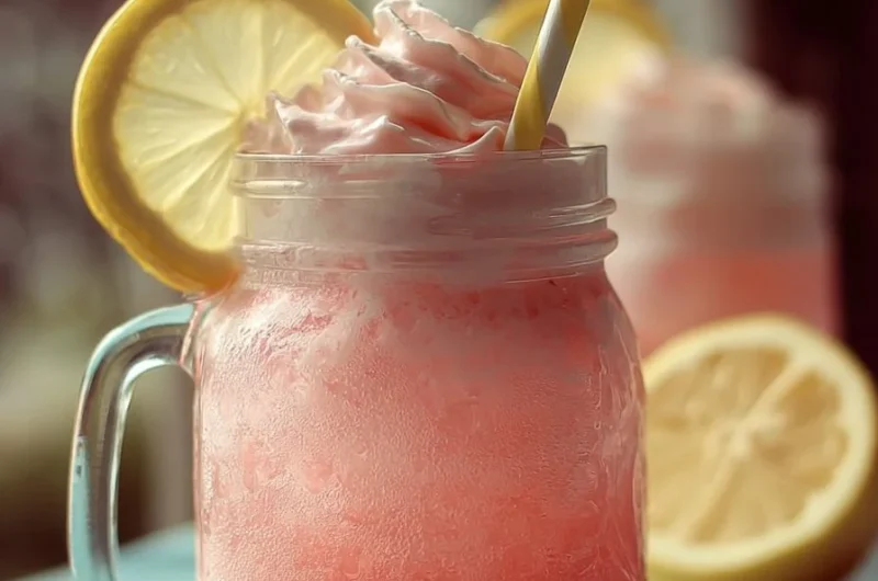 Delicious Easy Whipped Pink Lemonade in a glass with a straw and lemon slices