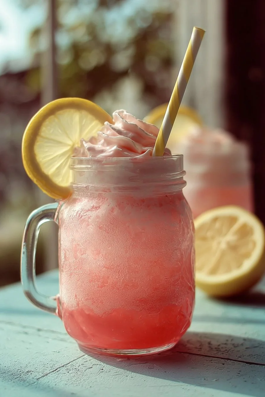 Delicious Easy Whipped Pink Lemonade in a glass with a straw and lemon slices