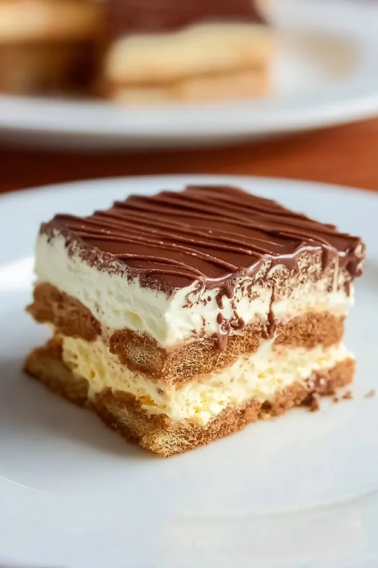 Delicious Eclair Ice Box Cake topped with whipped cream and chocolate