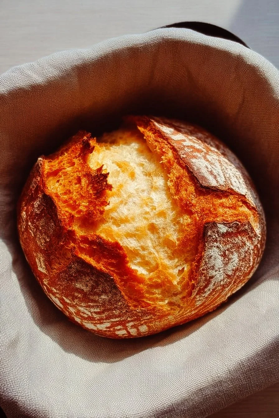 A loaf of freshly baked air fryer bread on a wooden cutting board.