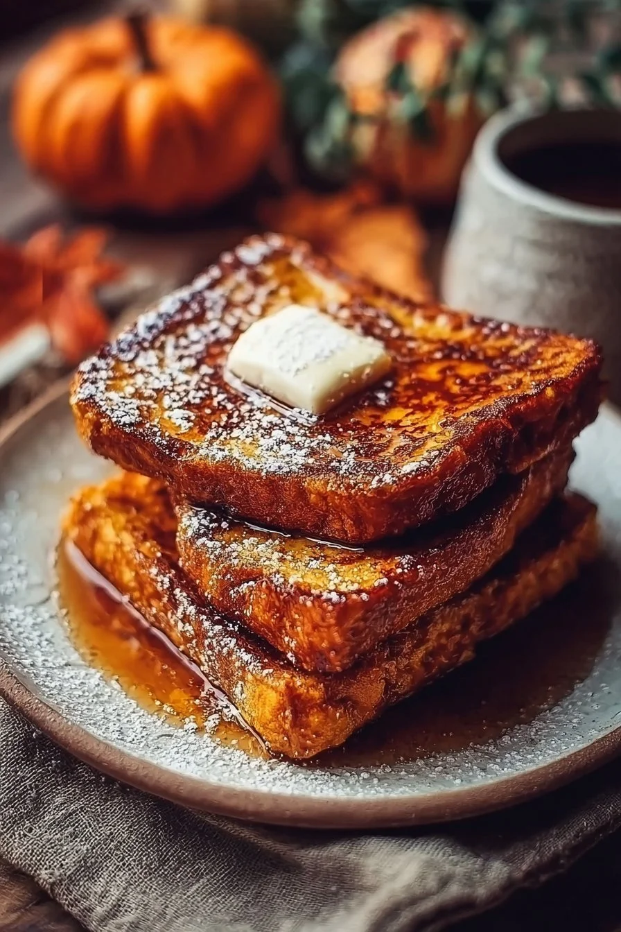 Delicious Fall Pumpkin French Toast topped with maple syrup and spices.