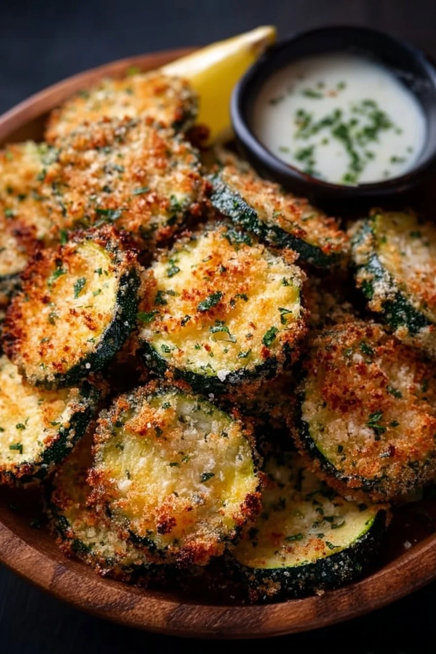 Crispy air fryer Parmesan zucchini chips on a white plate