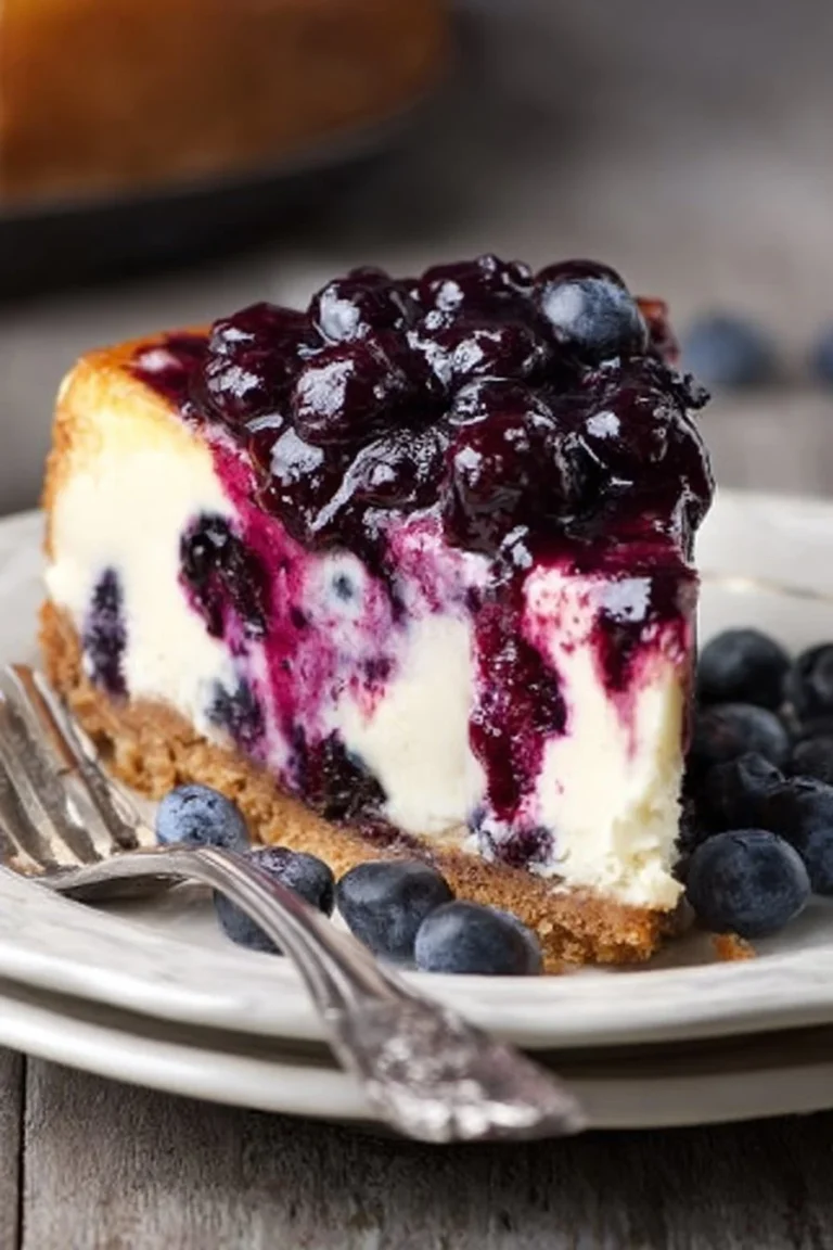 Fresh blueberry cheesecake with a homemade crust topped with blueberries