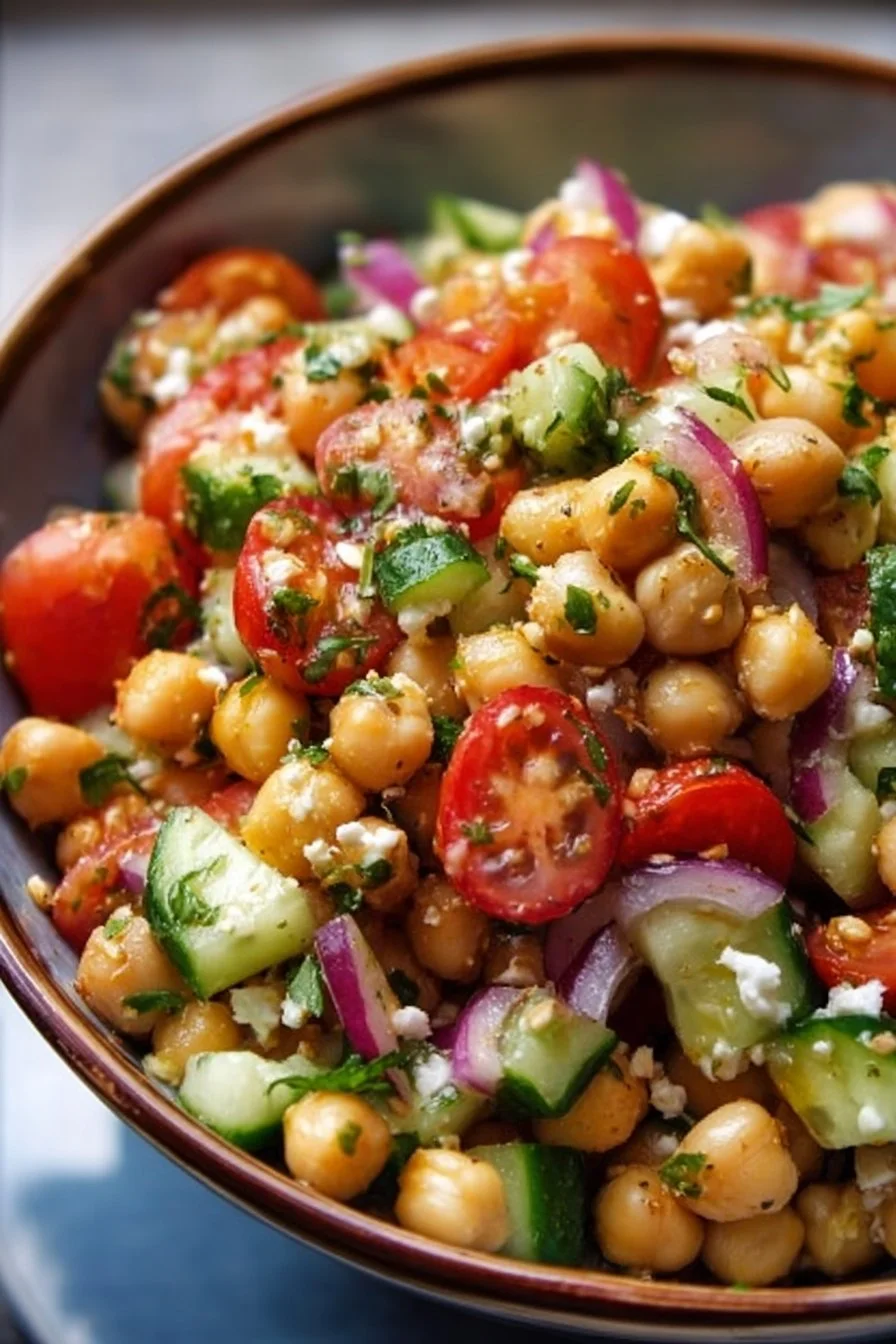 Fresh chickpea salad with colorful vegetables and herbs
