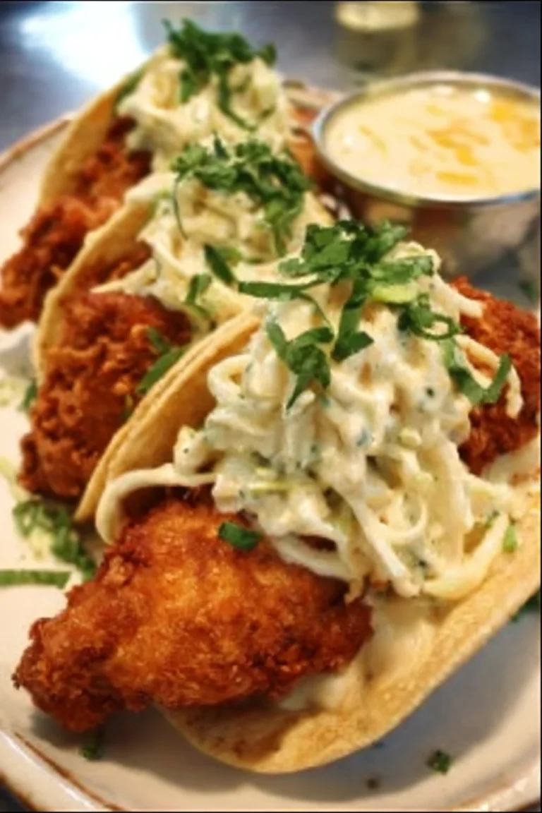Fried Chicken Alfredo Tacos served with creamy sauce and garnished with herbs