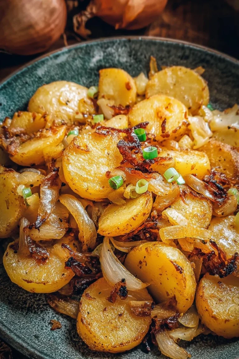 Plate of fried potatoes and onions cooked to golden perfection