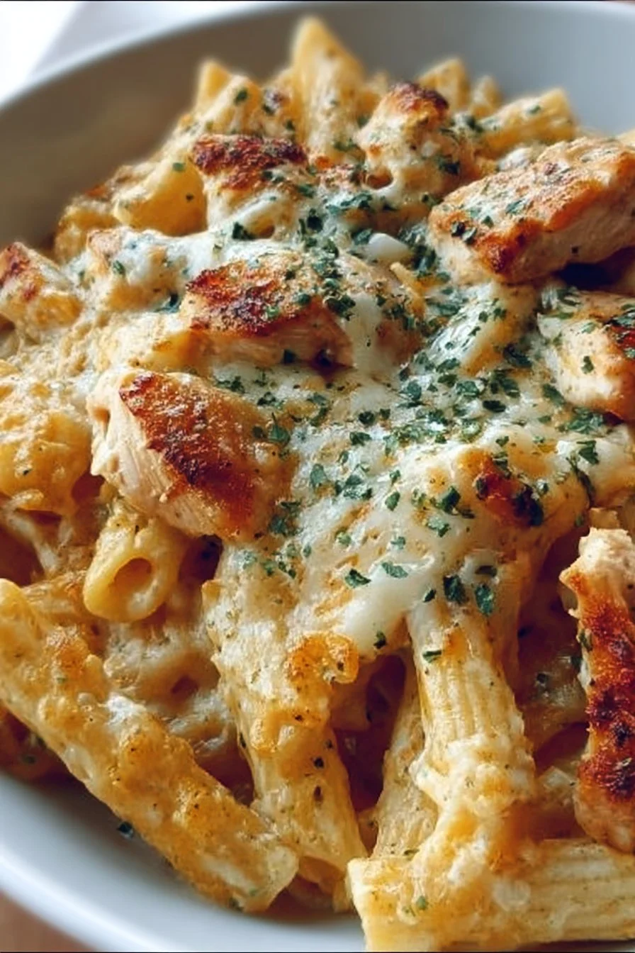 Delicious Garlic Parmesan Chicken Pasta Bake topped with cheese and herbs