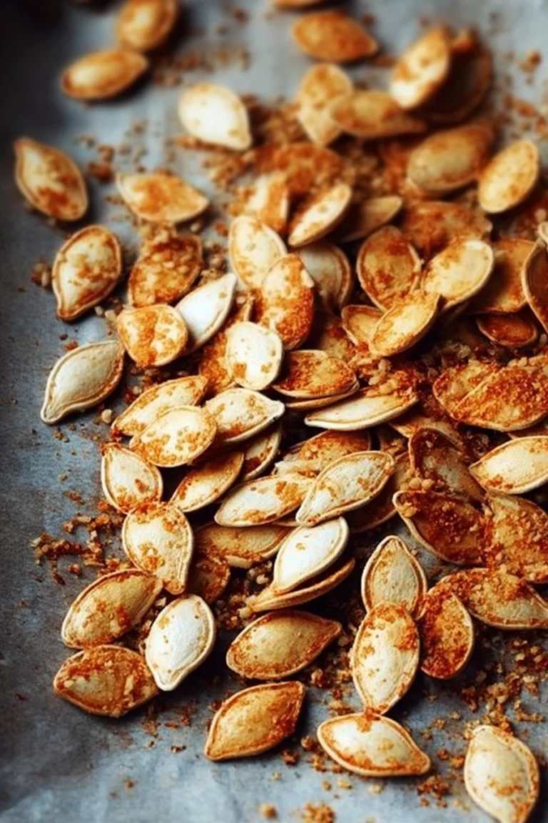 Bowl of garlic roasted pumpkin seeds on a wooden table