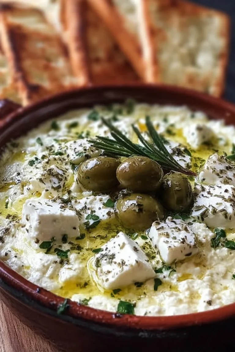 Green olive and feta cheese dip served in a bowl with fresh herbs