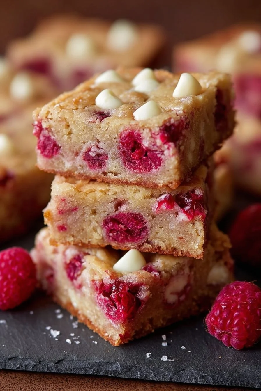 Healthy raspberry white chocolate blondies served on a plate