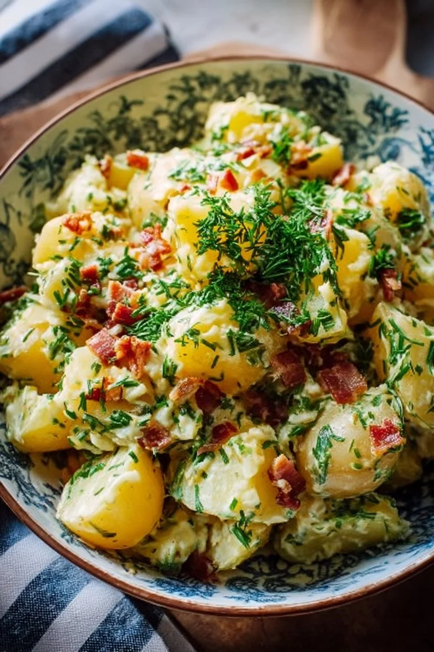 Hearty German Potato Salad served in a bowl with herbs and spices