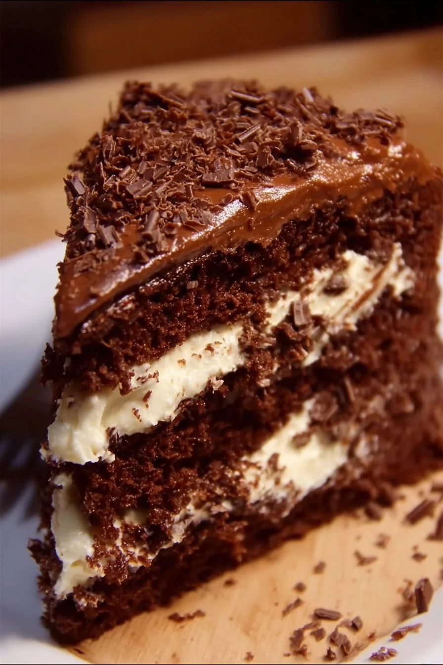 Hershey's chocolate cake topped with chocolate cream cheese buttercream and filling.