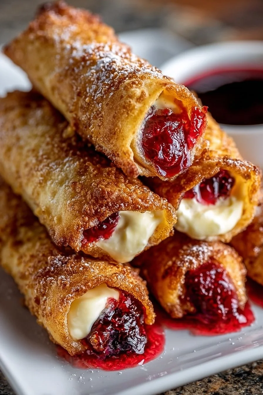 Homemade air fryer cherry cheesecake egg rolls on a plate