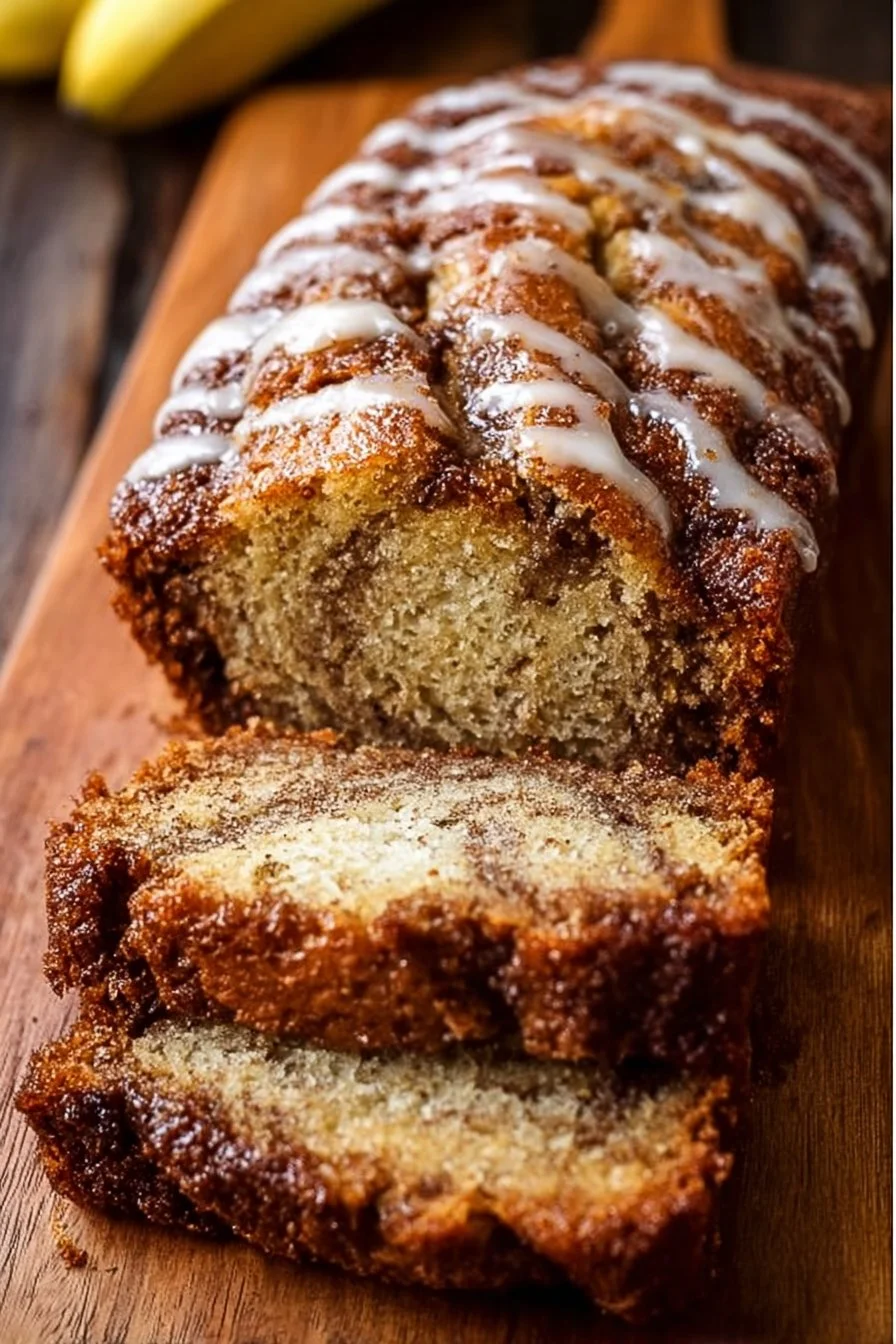 Delicious homemade cinnamon swirl banana bread fresh out of the oven.