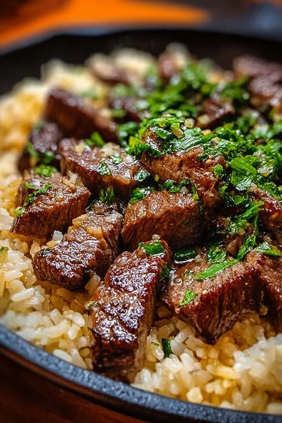 Honey Garlic Butter Steak served with rice in a skillet