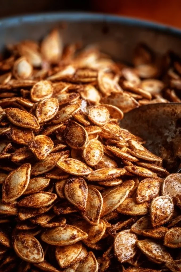 Cinnamon sugar roasted pumpkin seeds in a bowl, perfect for snacking.