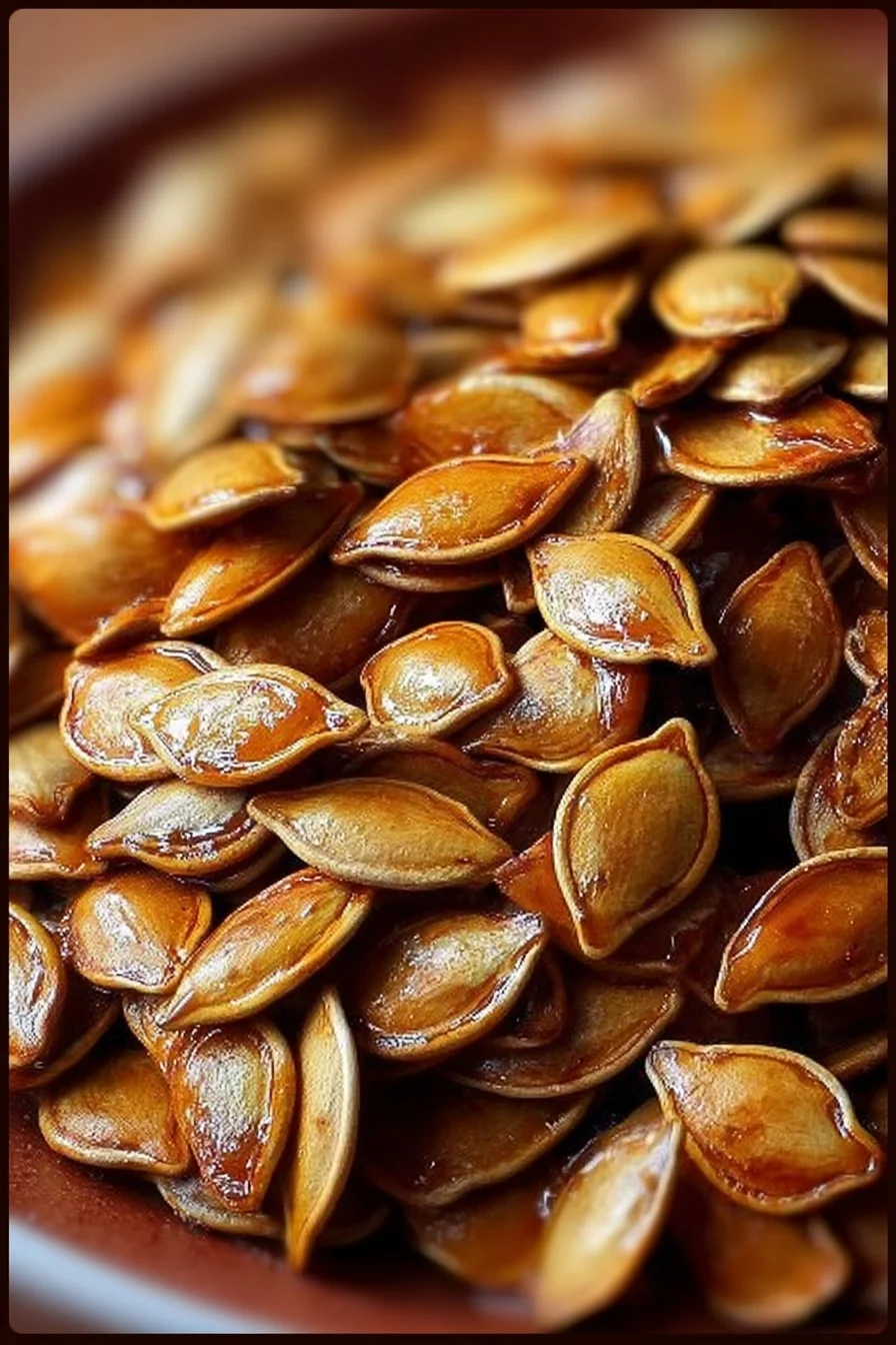 Delicious honey roasted pumpkin seeds in a bowl, perfect for snacking.