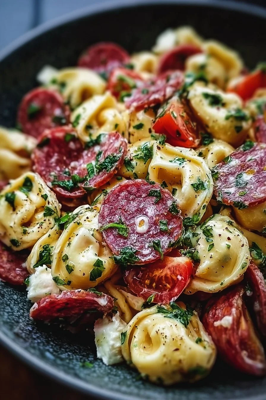 Delicious salami-mozzarella tortellini pasta salad with vibrant vegetables