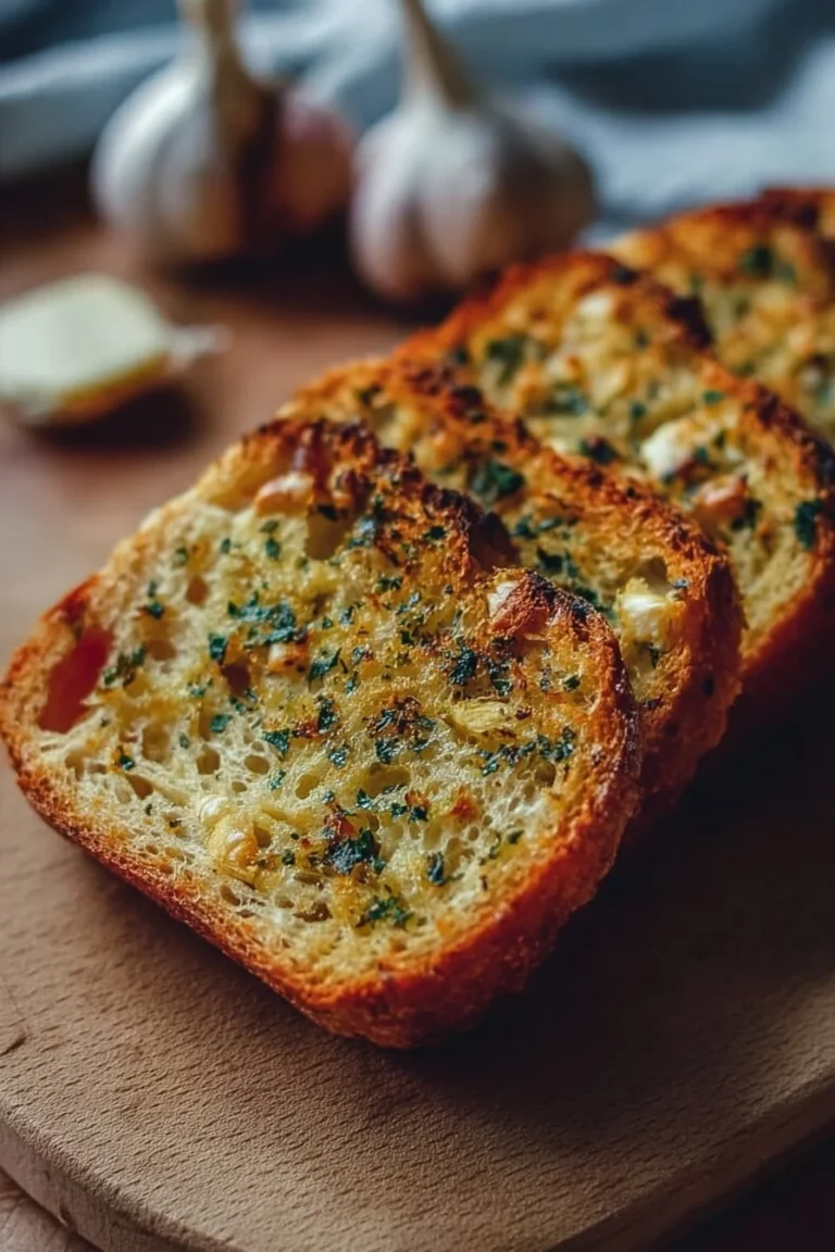 Freshly baked sourdough garlic bread with a golden crust and garlic topping