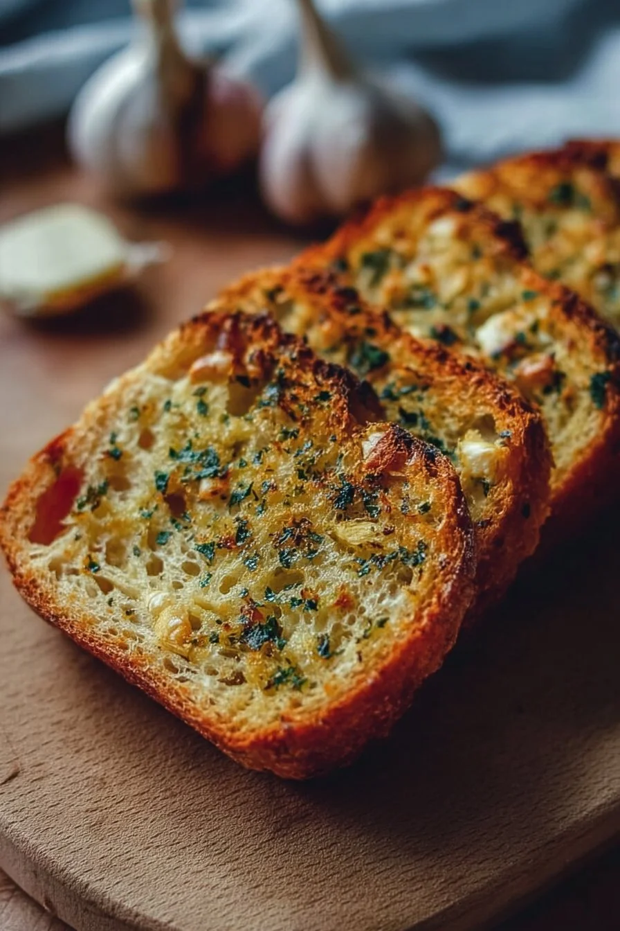 Freshly baked sourdough garlic bread with a golden crust and garlic topping
