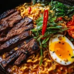 Bowl of spicy Korean ramen topped with grilled beef and creamy sauce