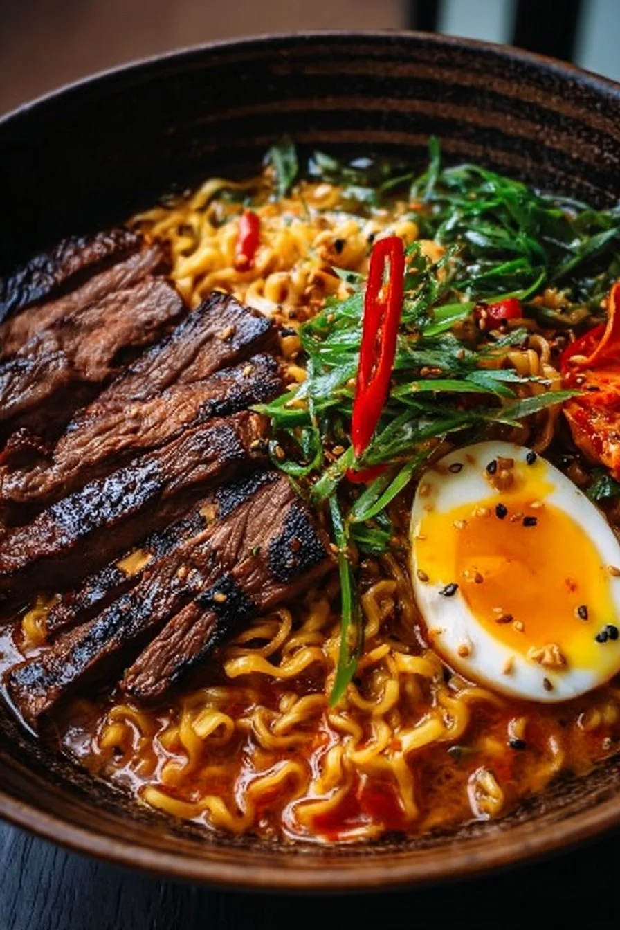 Bowl of spicy Korean ramen topped with grilled beef and creamy sauce