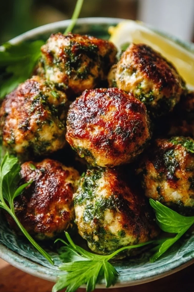 Juicy chicken pesto meatballs served at a potluck party