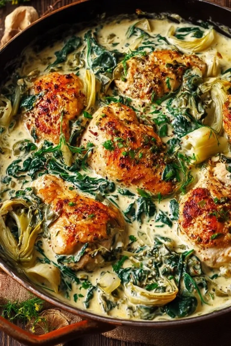 Juicy one pan creamy spinach artichoke chicken served with fresh ingredients