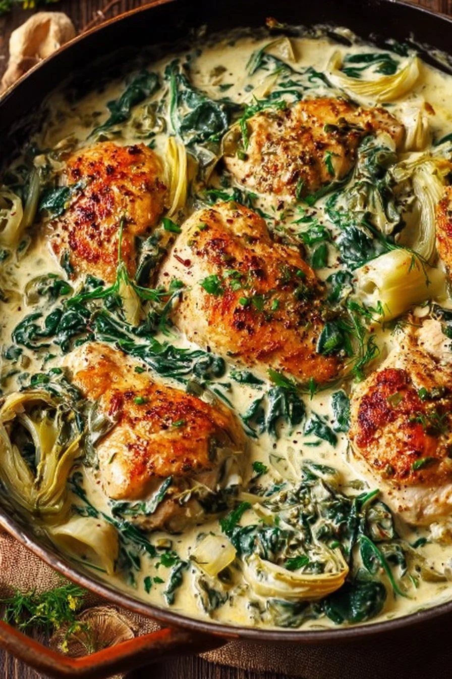 Juicy one pan creamy spinach artichoke chicken served with fresh ingredients