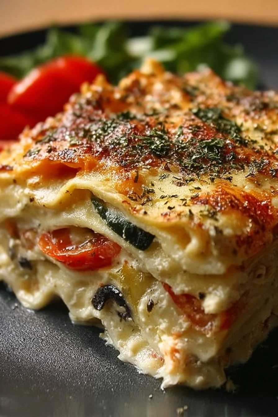 Loaded Veggie White Lasagna with fresh vegetables and creamy sauce